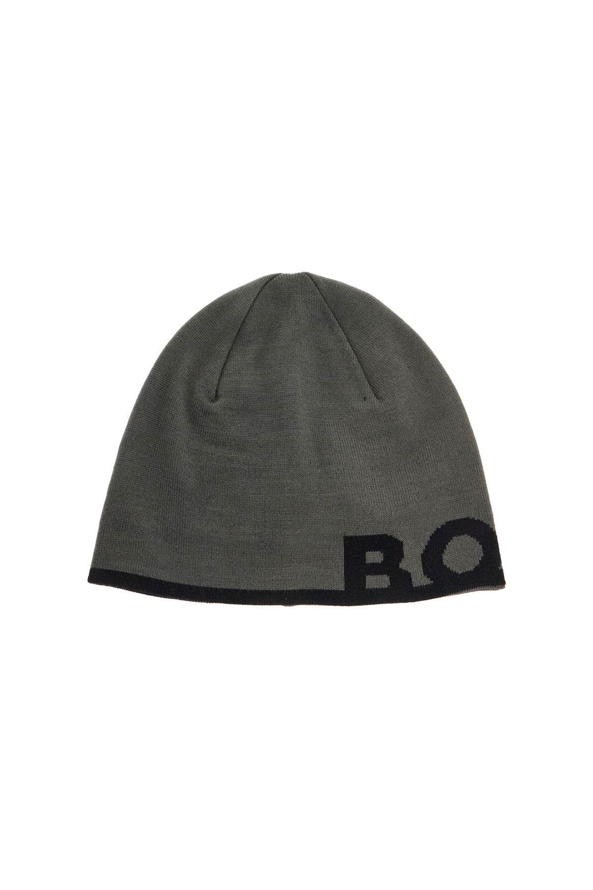 elegant dark gray wool and acrylic beanie with contrasting logo
