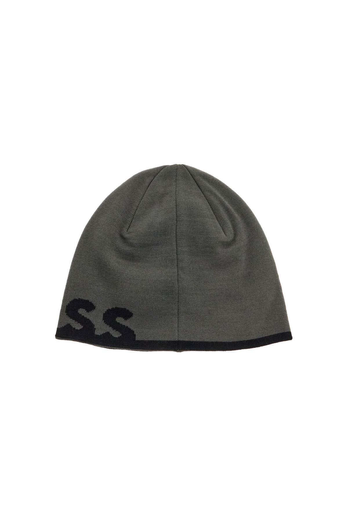 elegant dark gray wool and acrylic beanie with contrasting logo