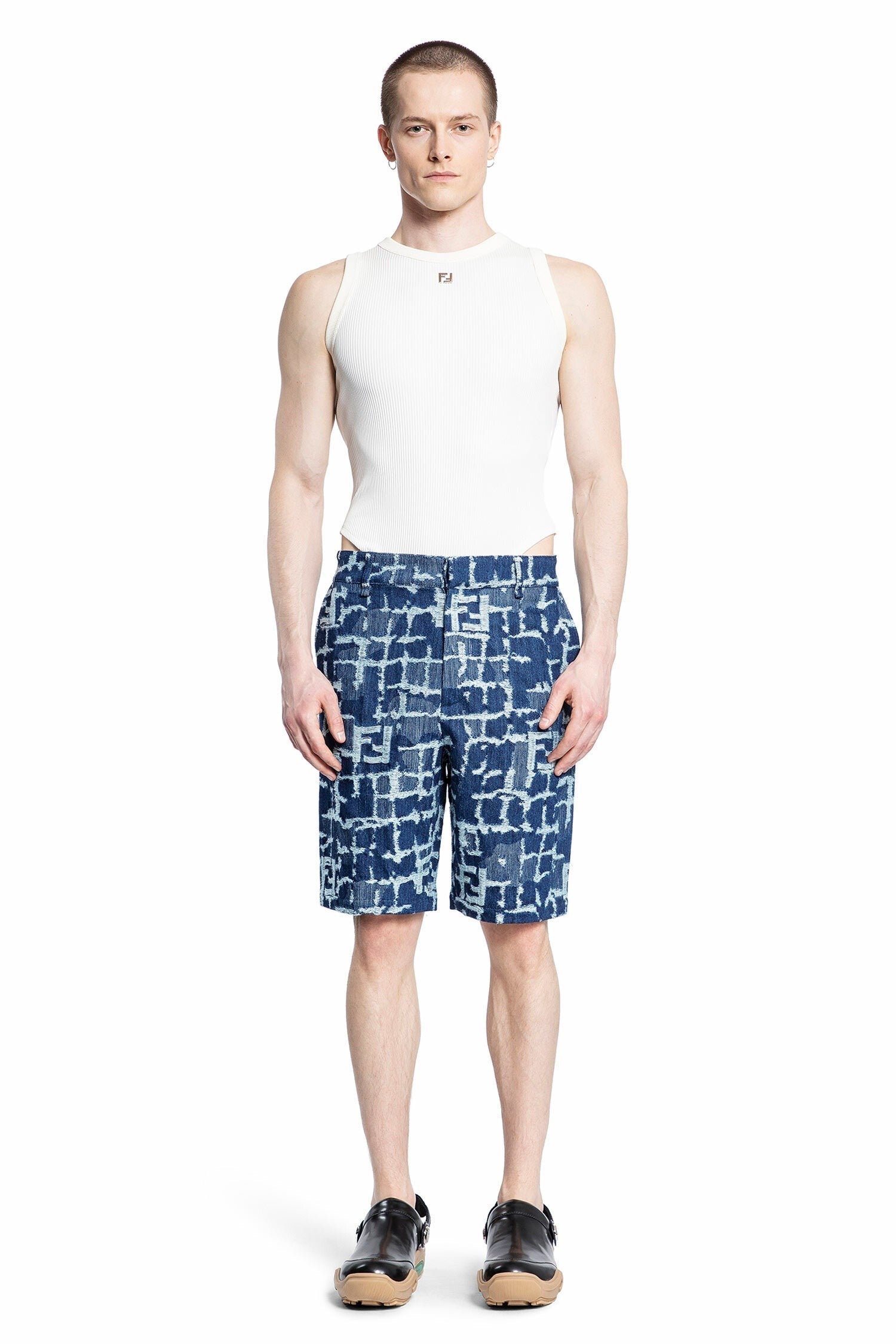 Ff Fringed Ff Jacquard Denim Shorts