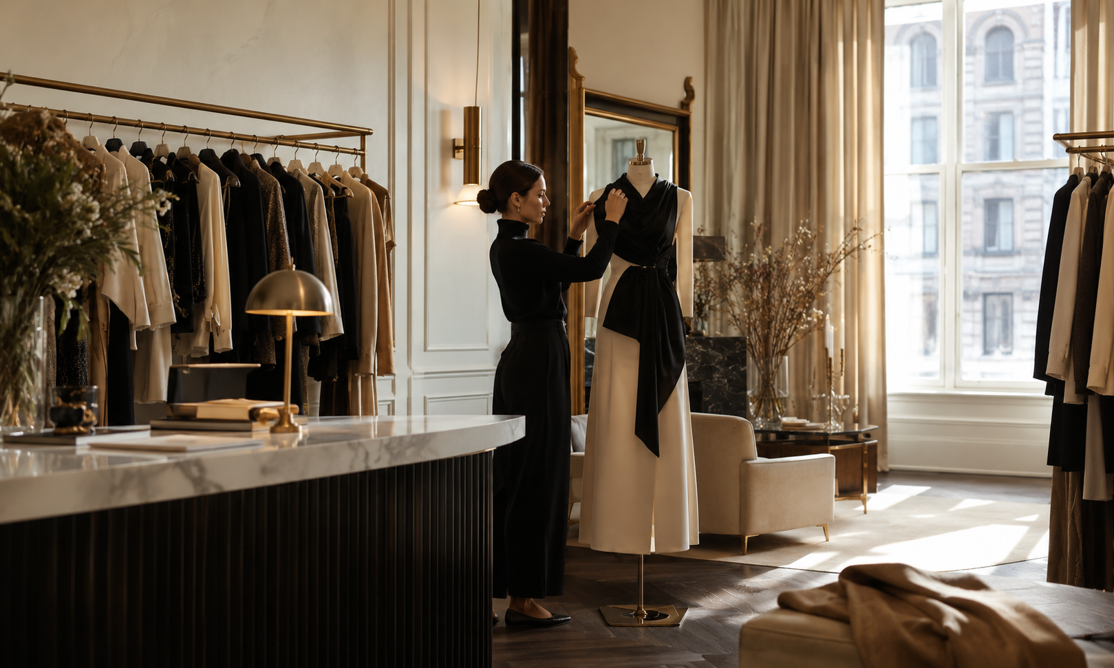 Stylist arranging a look on a mannequin in a refined atelier showroom