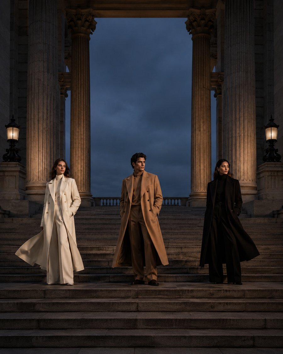 FHENY campaign - three models on neoclassical steps at dusk, mobile portrait