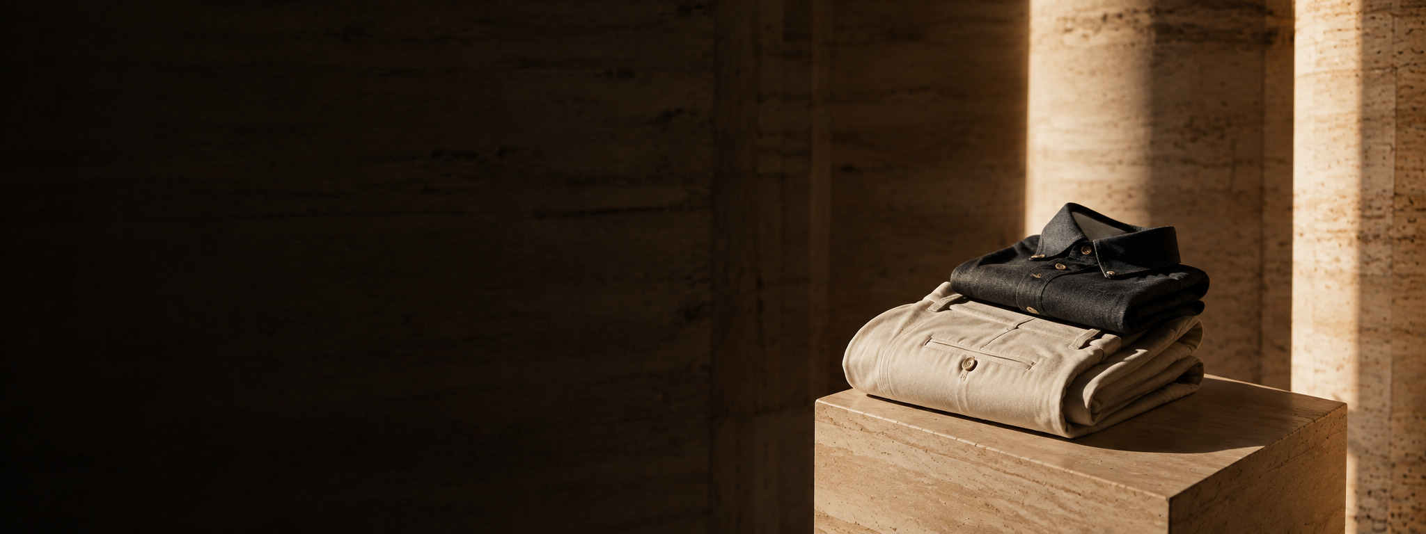 Folded chinos with a dark overshirt