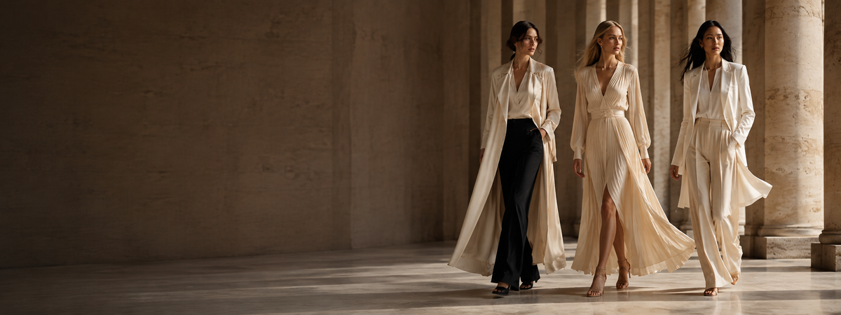 Three models walking together in ivory and champagne looks through a colonnade