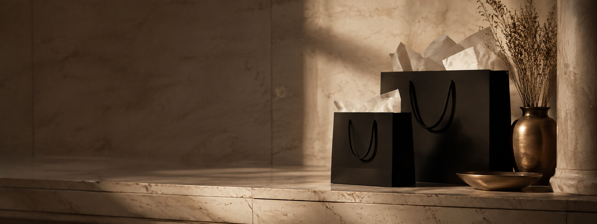 Matte black shopping bags with tissue paper on a marble console