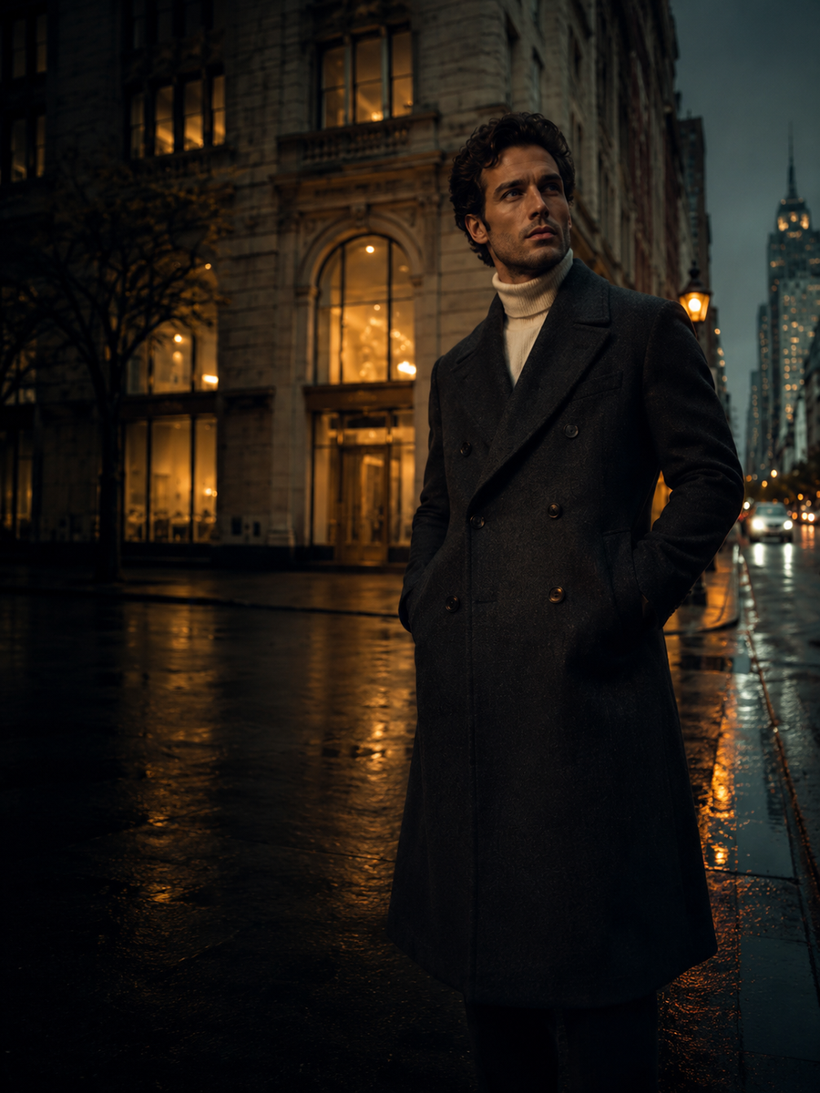 FHENY men's edit - man in charcoal overcoat, mobile portrait
