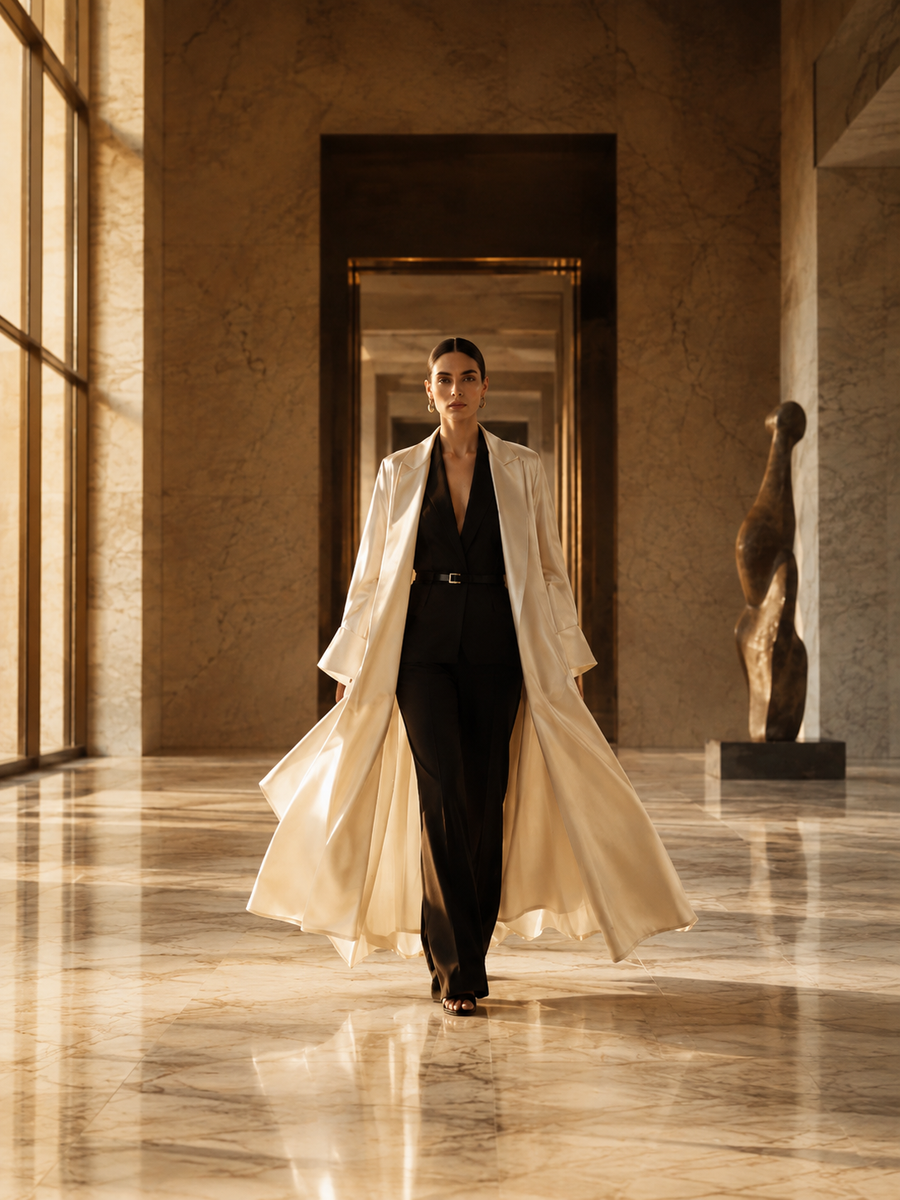 FHENY new season campaign - woman in ivory silk coat, mobile portrait
