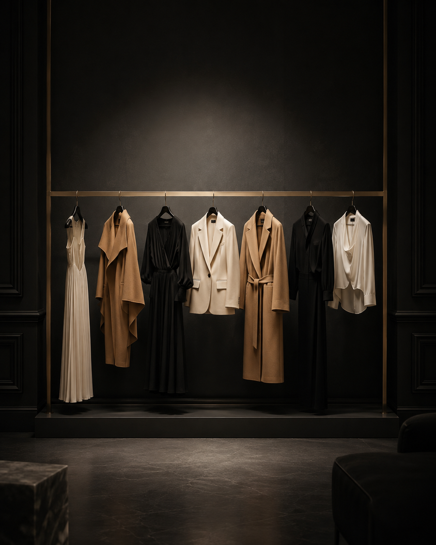 Sparse luxury showroom rail with seven curated garments under a spotlight
