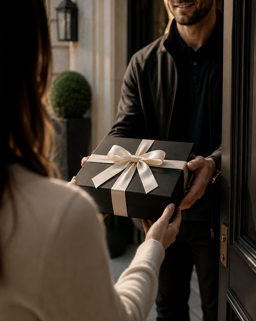 Matte black gift box with cream ribbon handed to a customer at their door