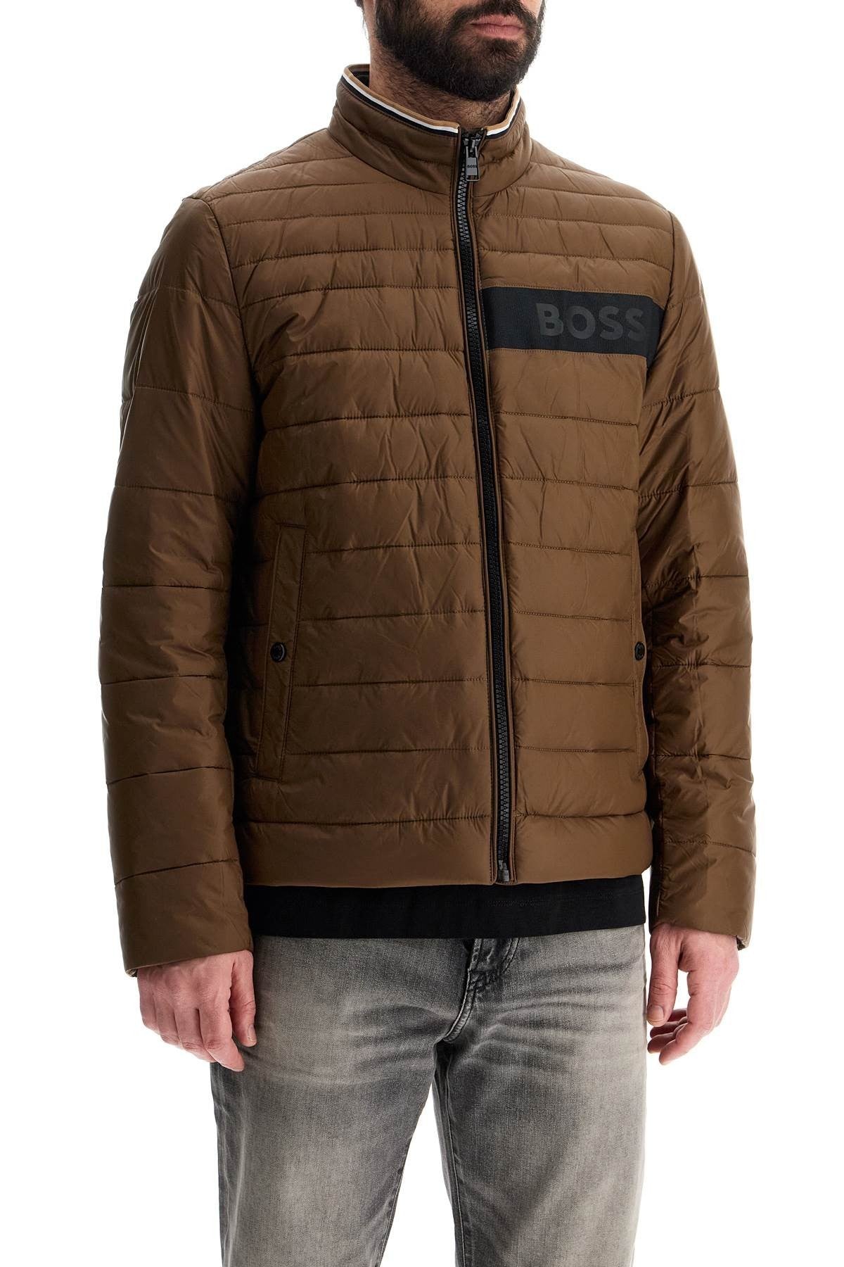 green striped slim down jacket with high collar