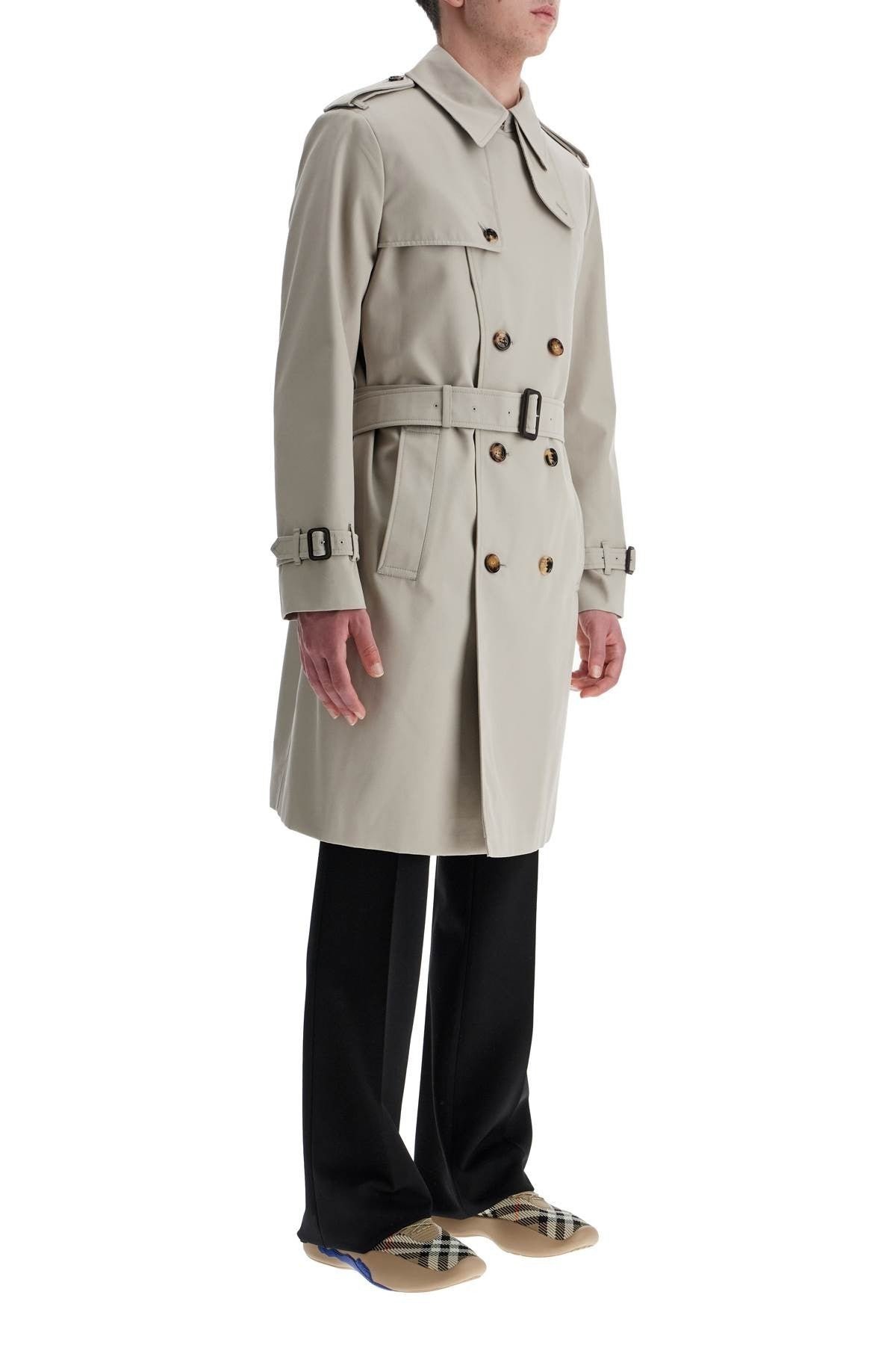 light beige polyester and cotton trench coat with adjustable belt