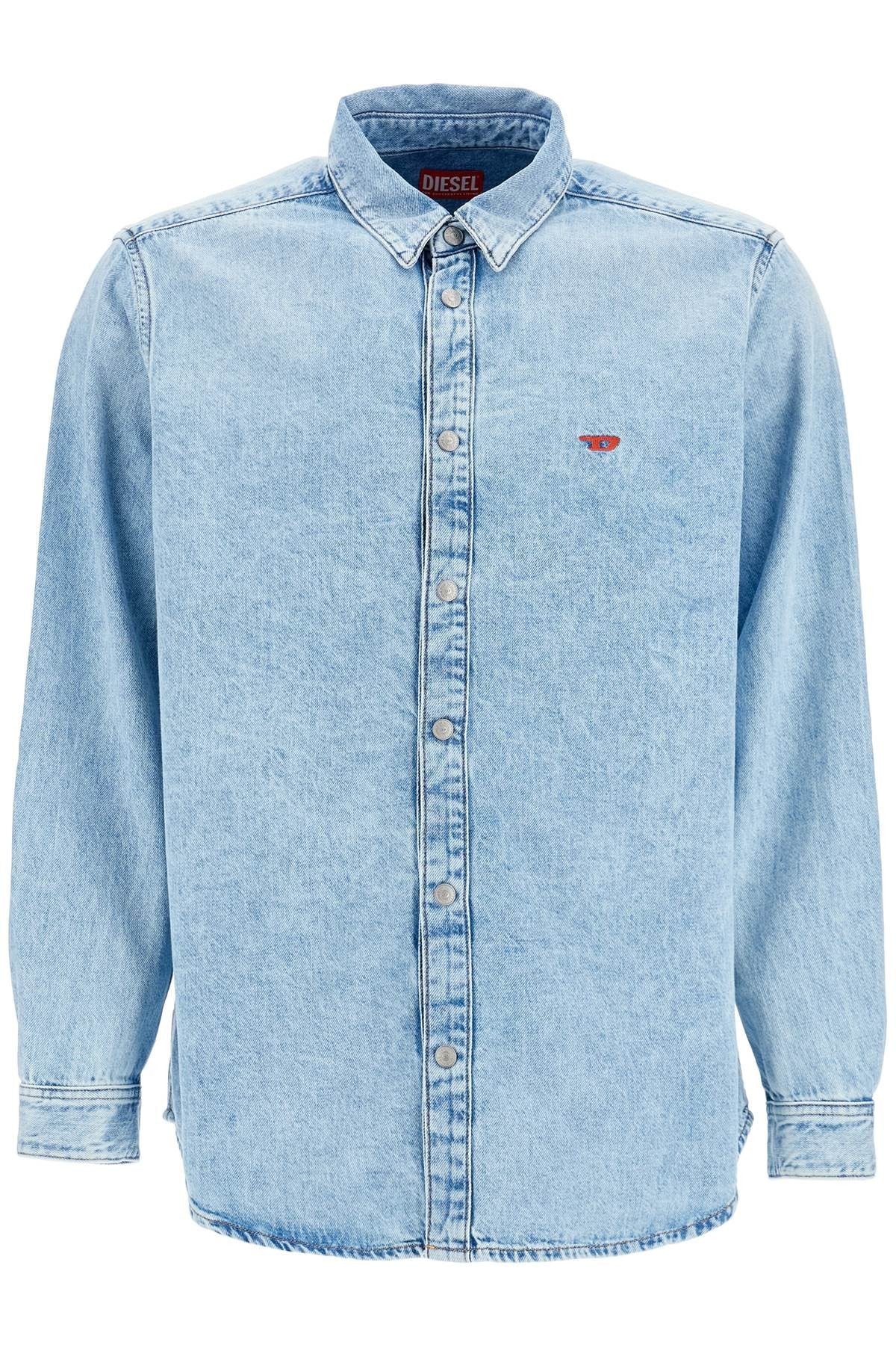 light blue denim shirt with logo on chest