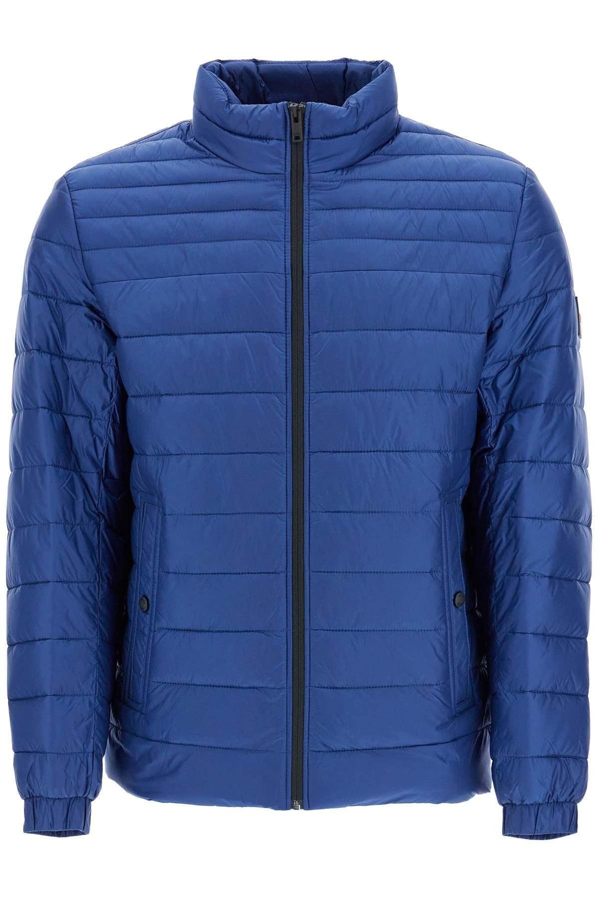 lightweight jacket with horizontal blue stripes and high collar zip