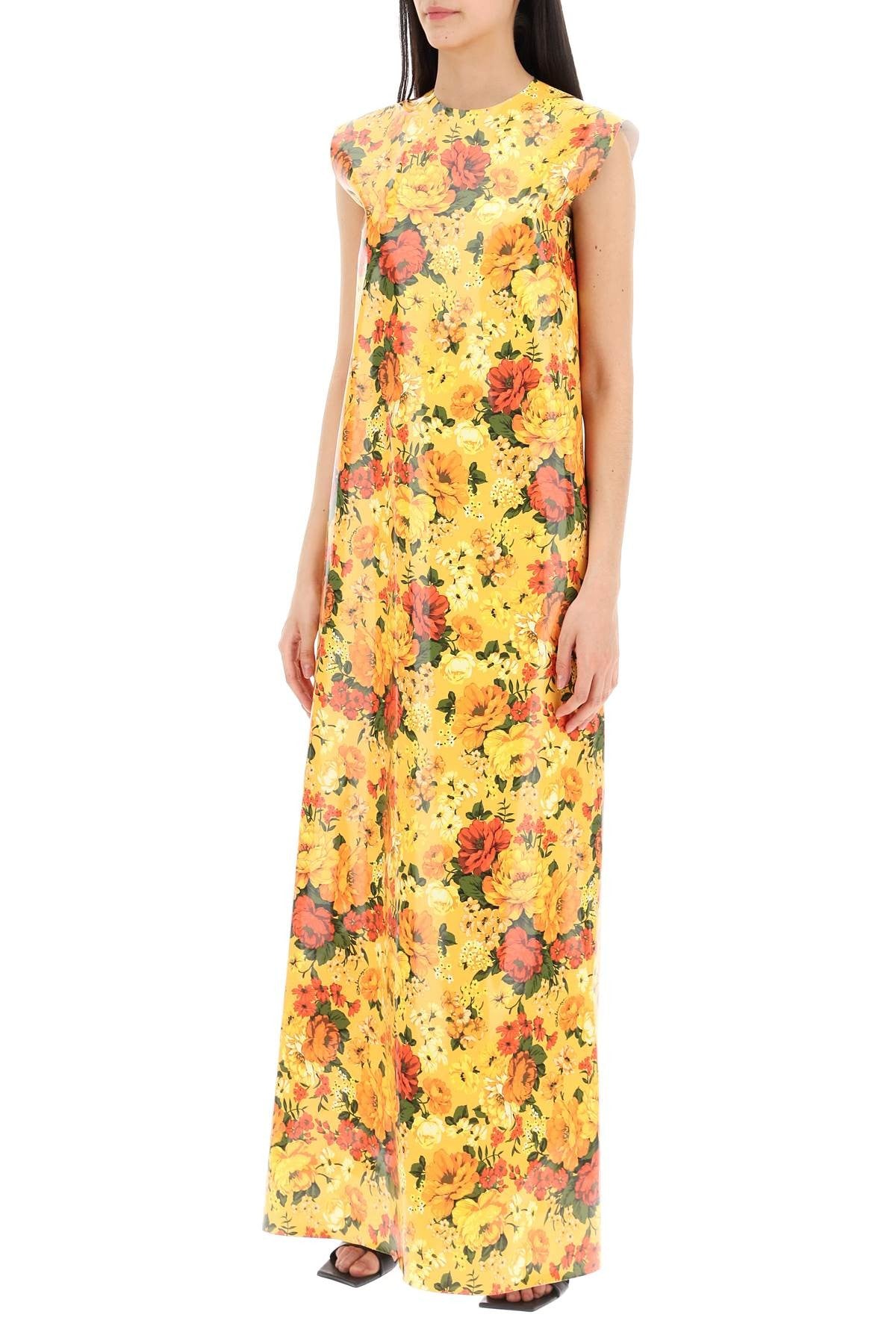 maxi sleeveless faux vinyl floral dress