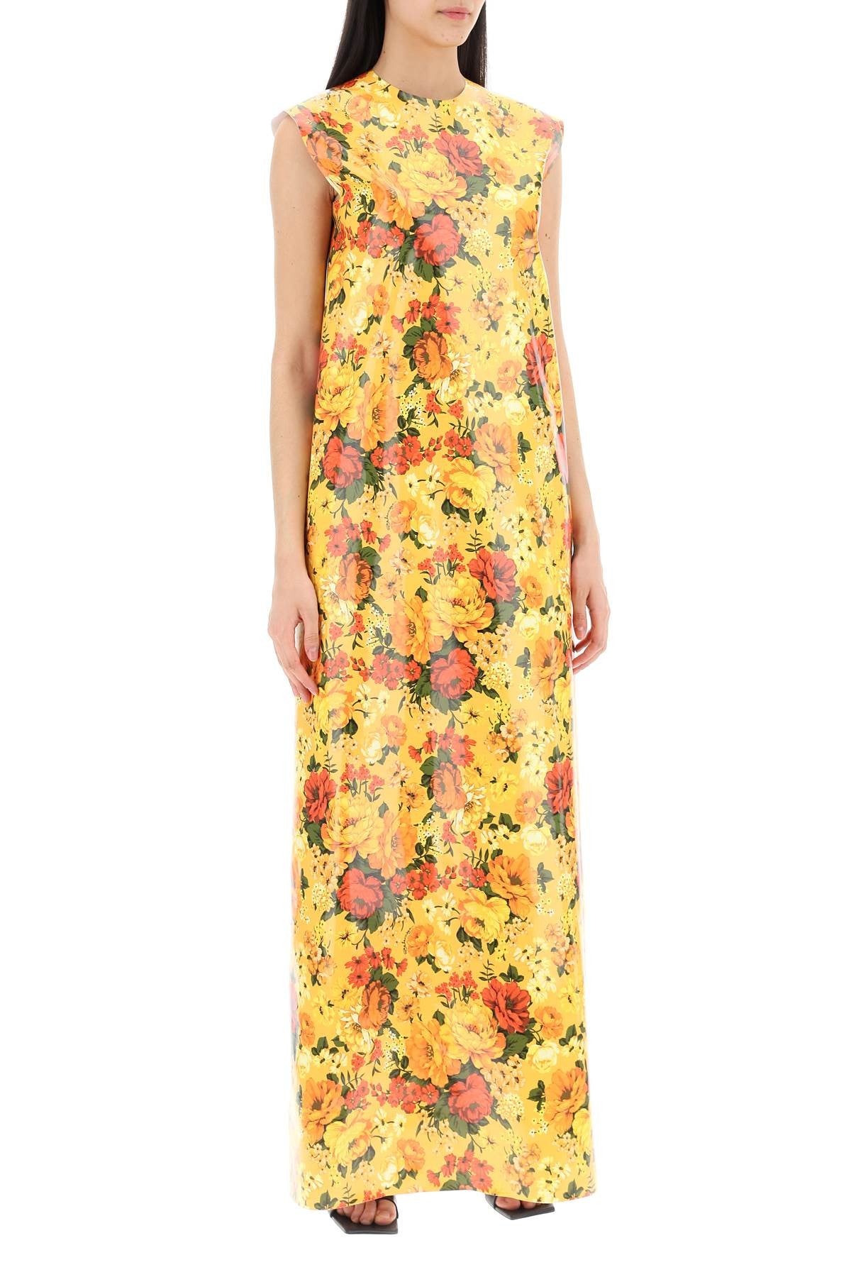 maxi sleeveless faux vinyl floral dress