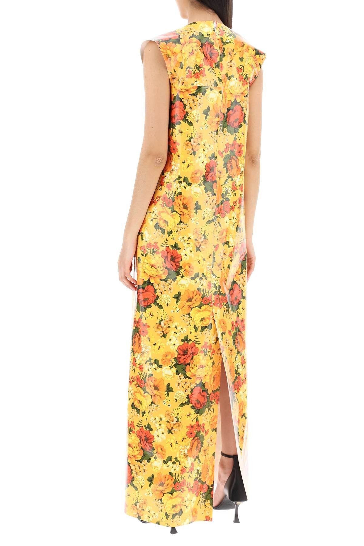 maxi sleeveless faux vinyl floral dress