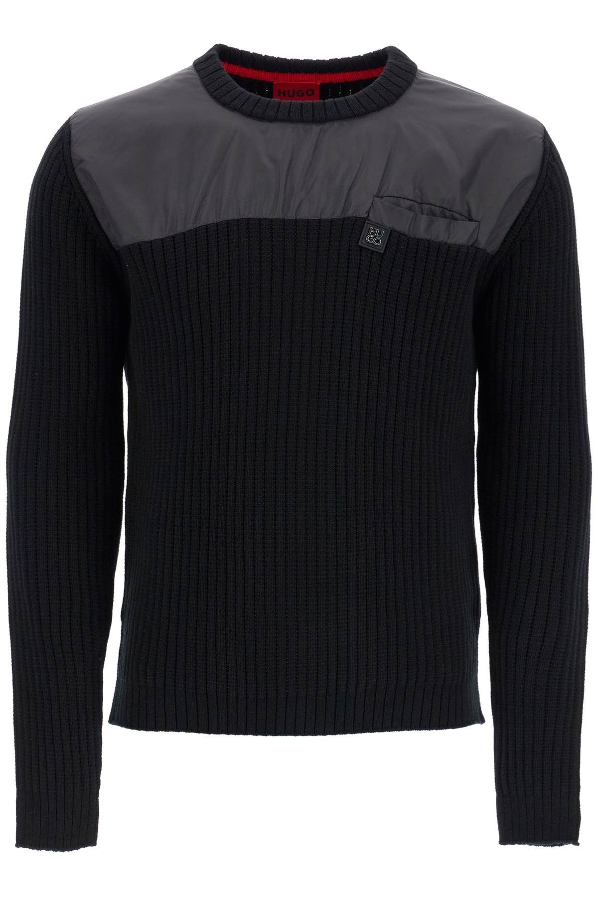 men's black cotton sweater with round neck and pocket