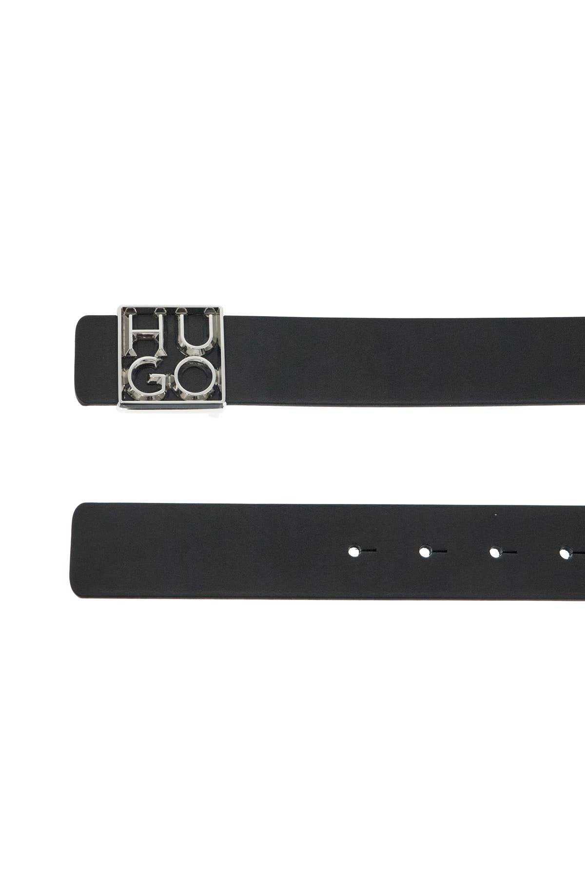 men's black leather belt with square buckle and embossed logo