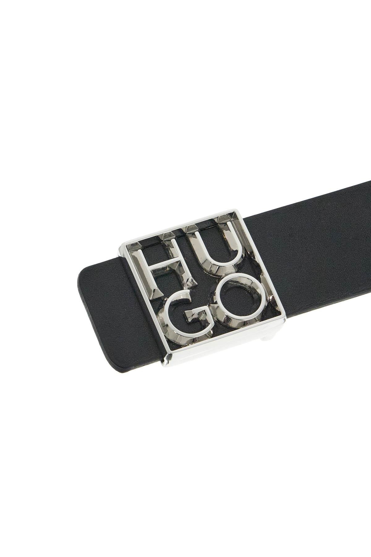 men's black leather belt with square buckle and embossed logo