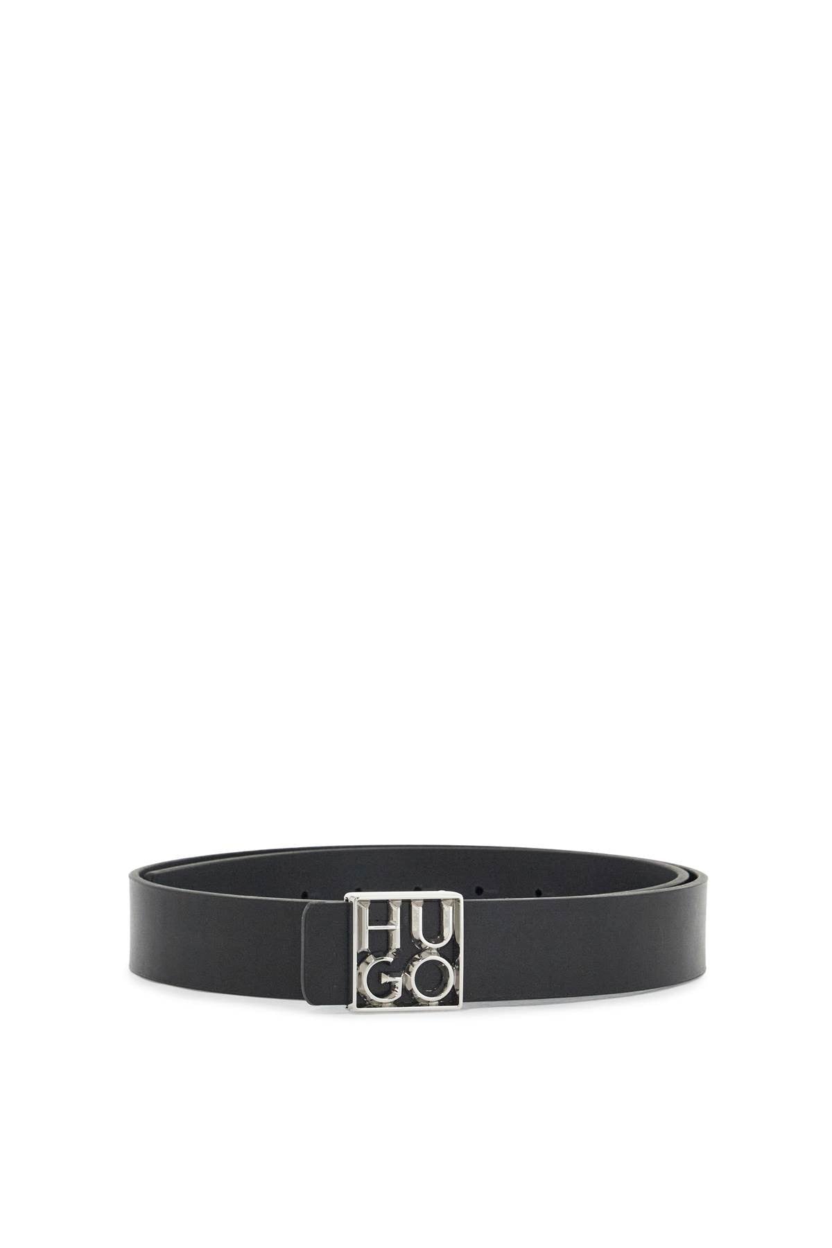 men's black leather belt with square buckle and embossed logo