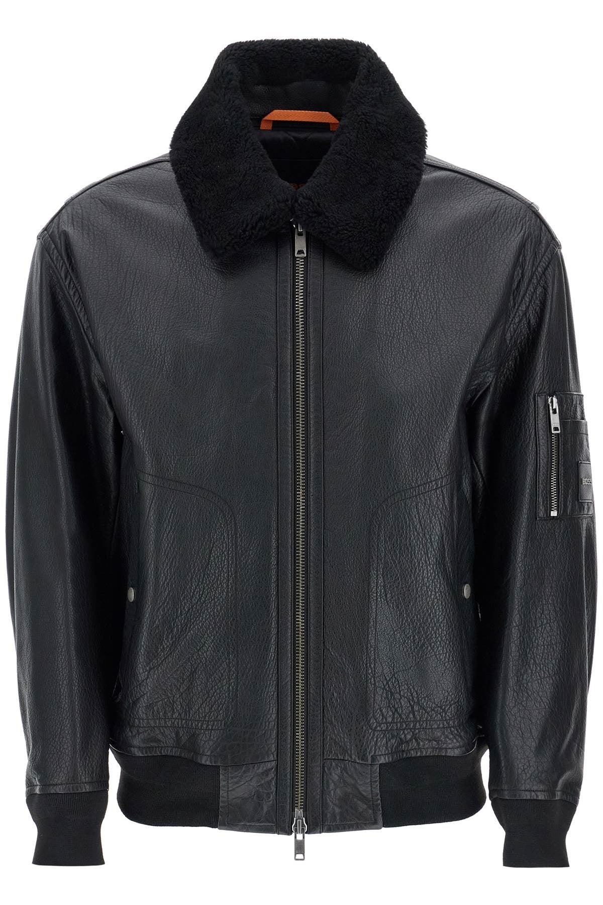 men's black leather jacket with high collar regular fit zip