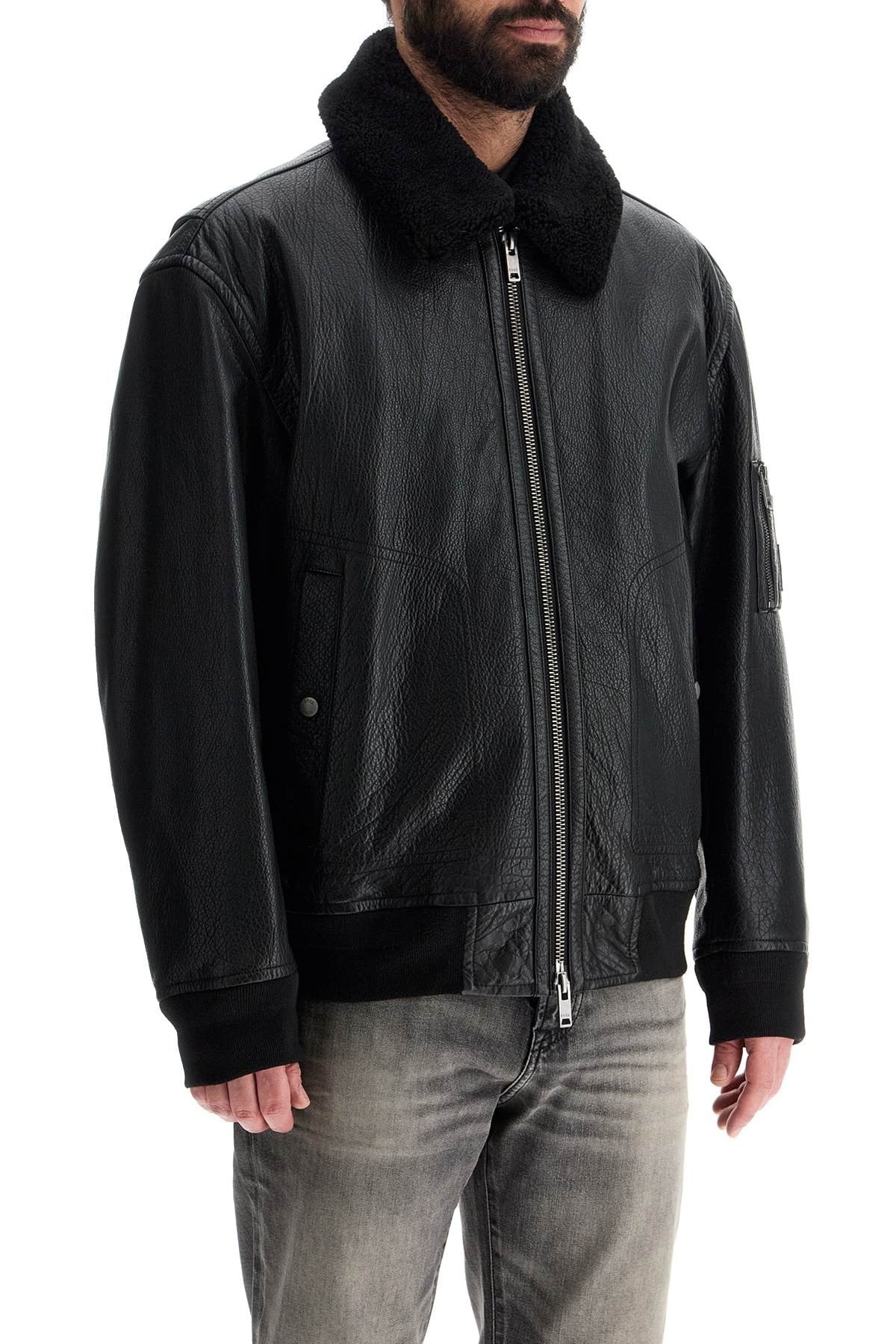 men's black leather jacket with high collar regular fit zip