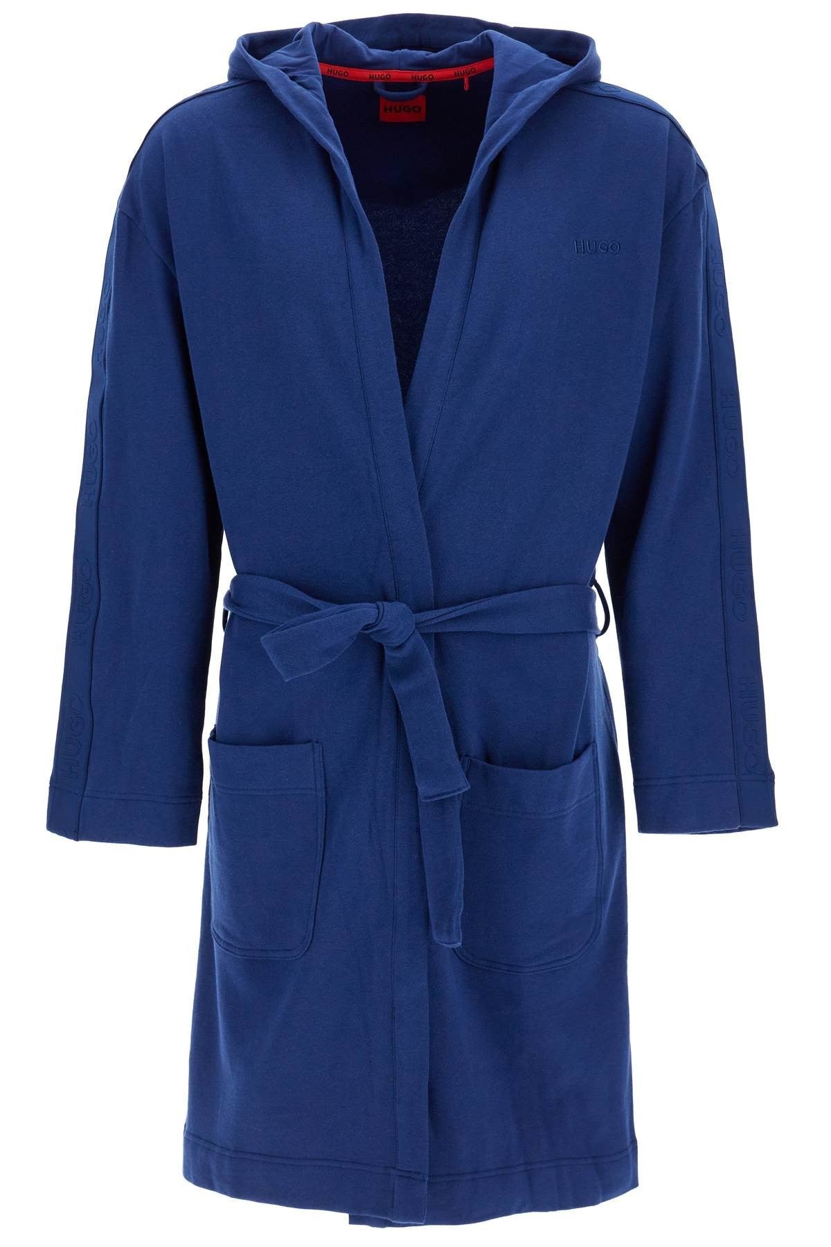 men's dark blue hooded bathrobe