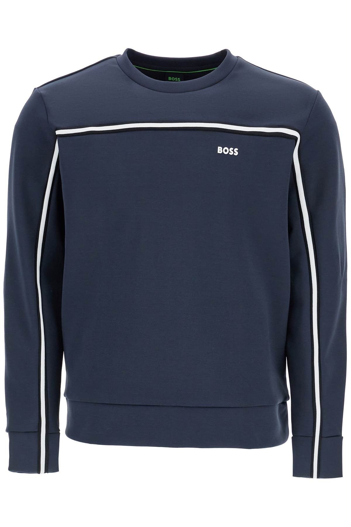 men's dark blue round neck sweatshirt with long sleeves and embroidered logo