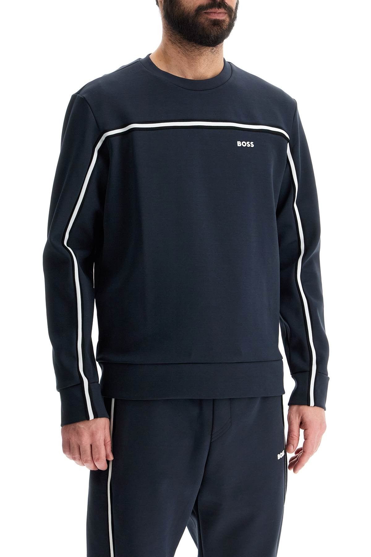 men's dark blue round neck sweatshirt with long sleeves and embroidered logo