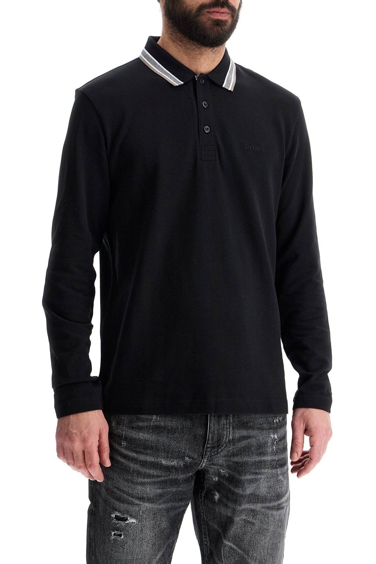 men's long sleeve loose fit polo dark gray cotton