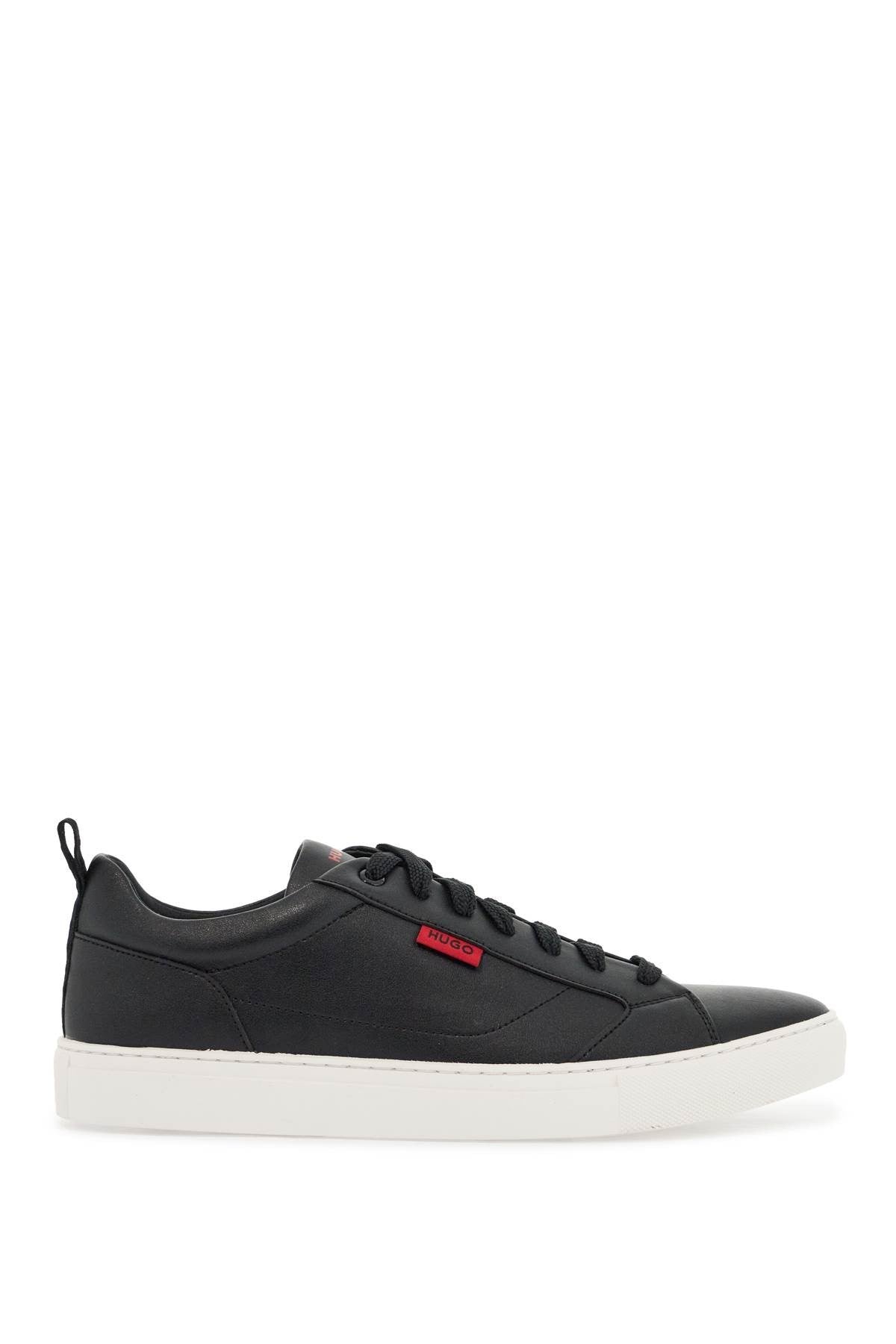 men's minimalist black sneakers with rubber sole and red logo