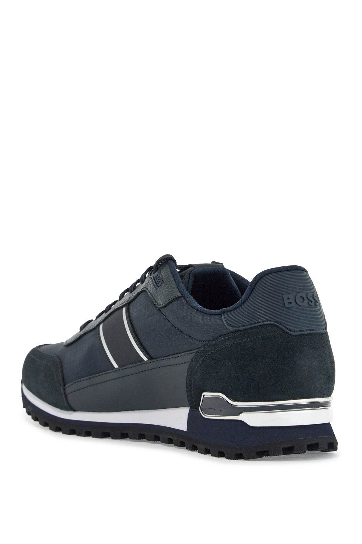 men's sneakers in technical fabric and dark blue suede with rubber sole