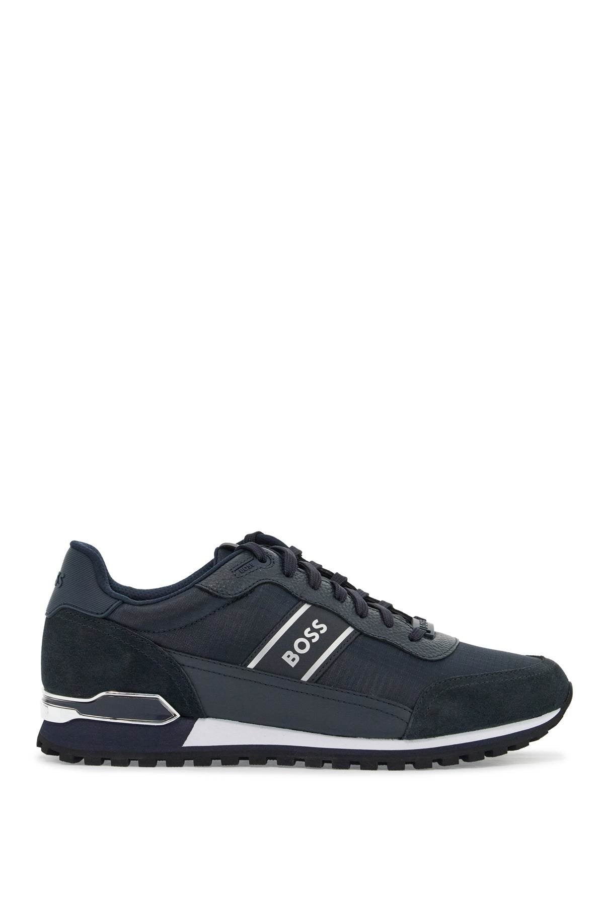 men's sneakers in technical fabric and dark blue suede with rubber sole