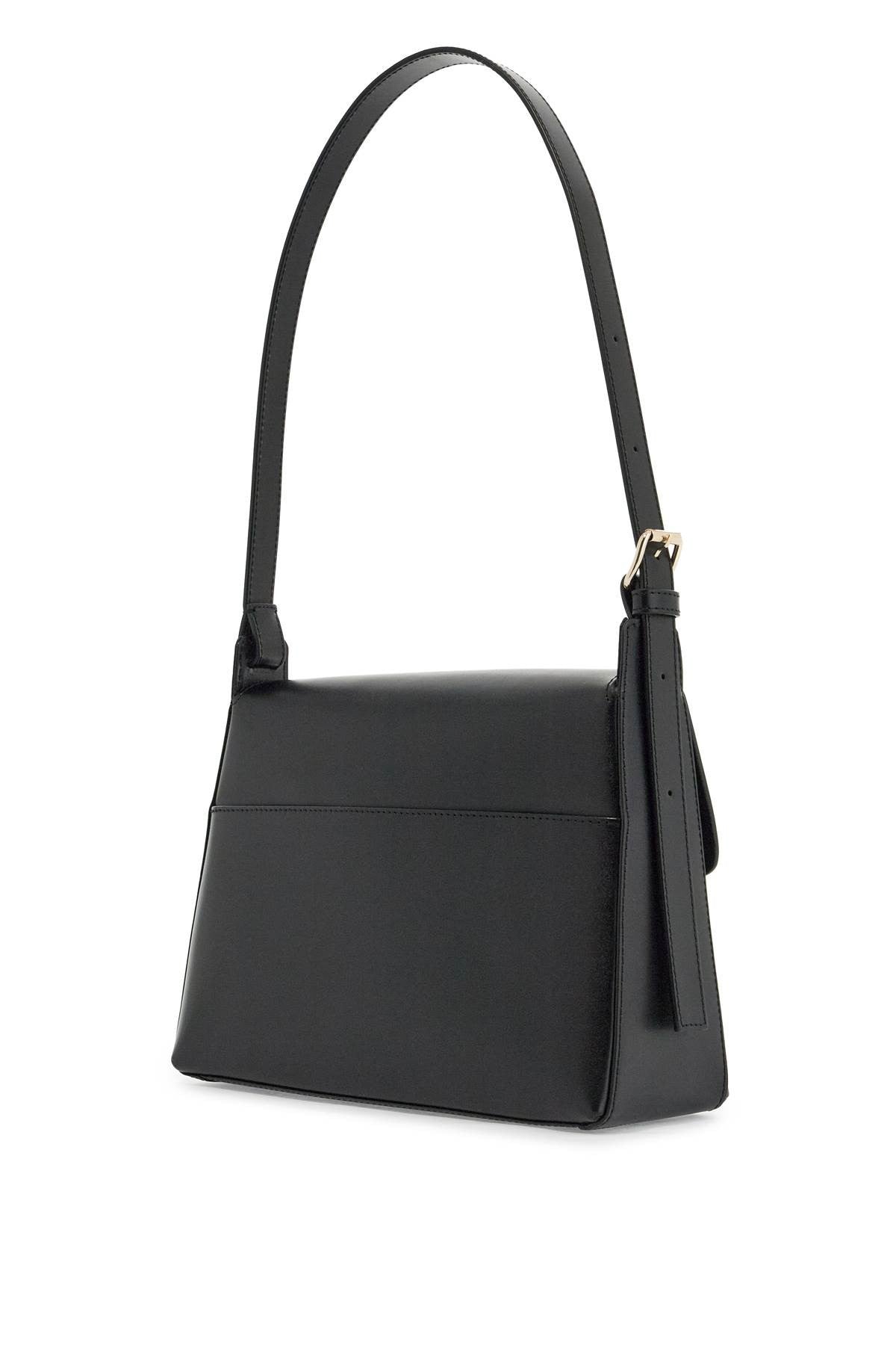 minimalist black leather women's bag with shoulder strap and flap closure