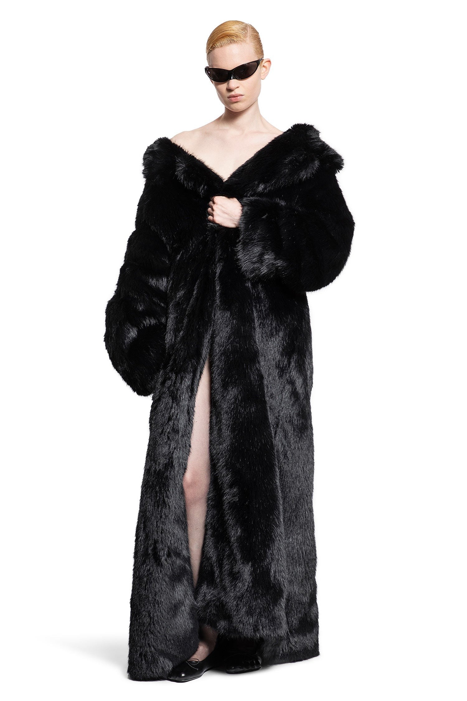 Off Shoulder Coat In Fake Fur