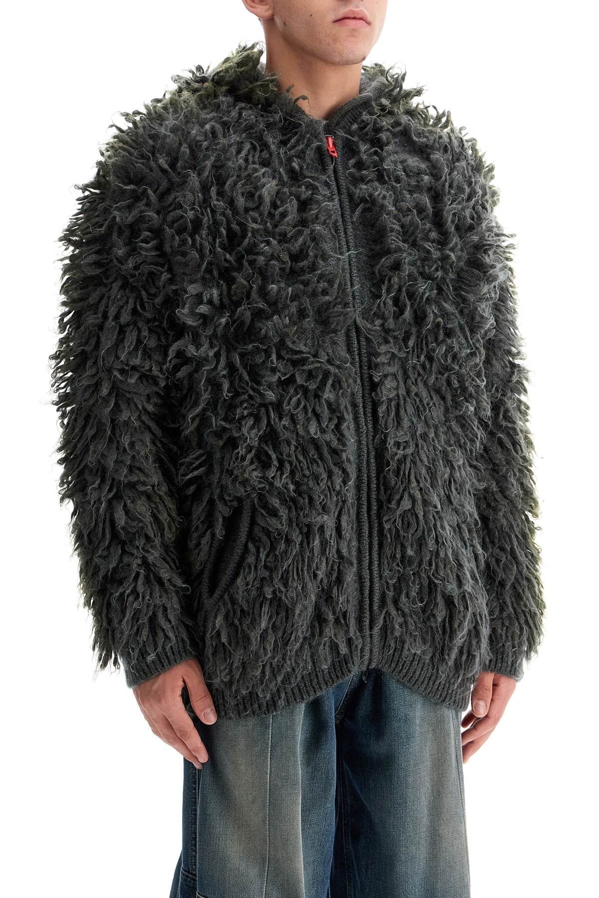 shaggy knit cardigan with hood