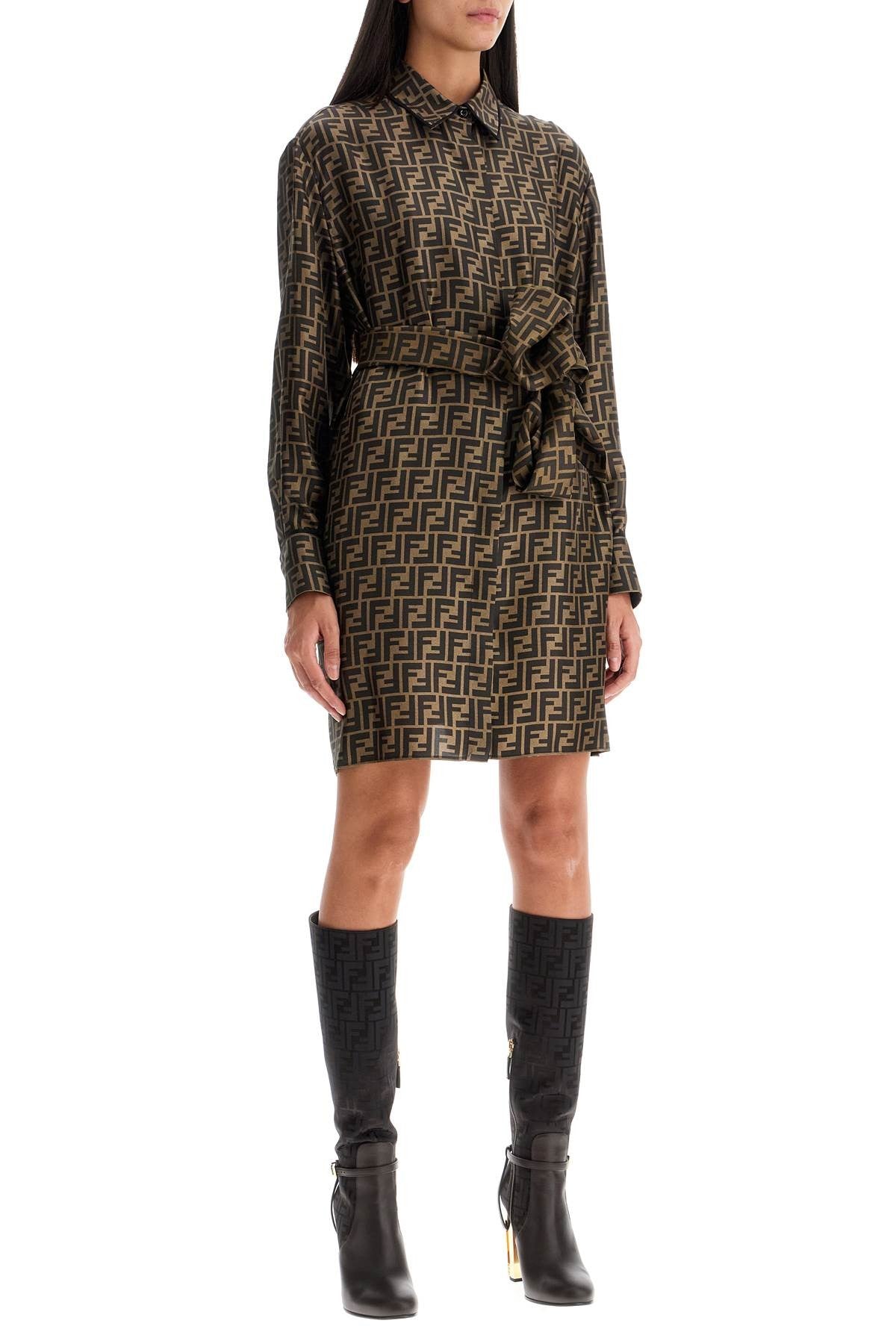 silk shirt dress with all-over logo