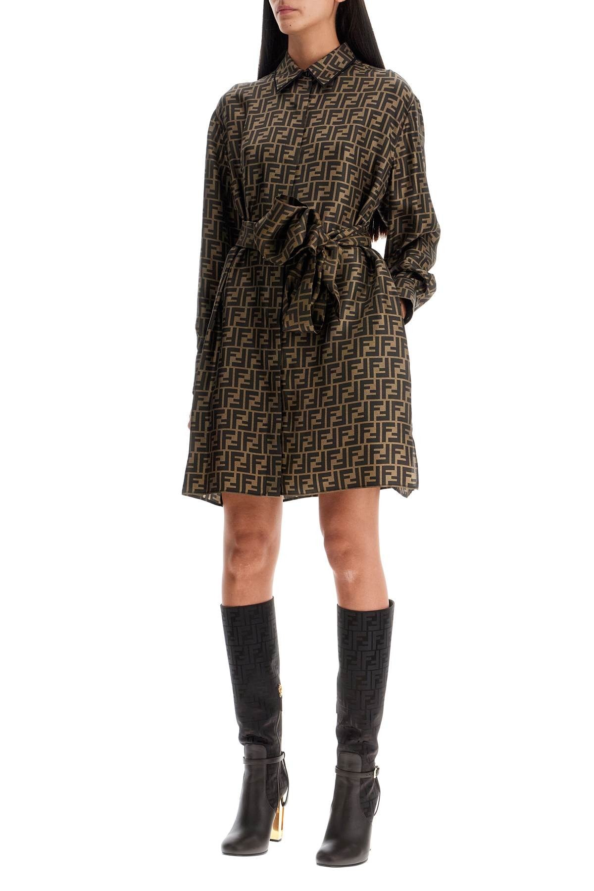 silk shirt dress with all-over logo