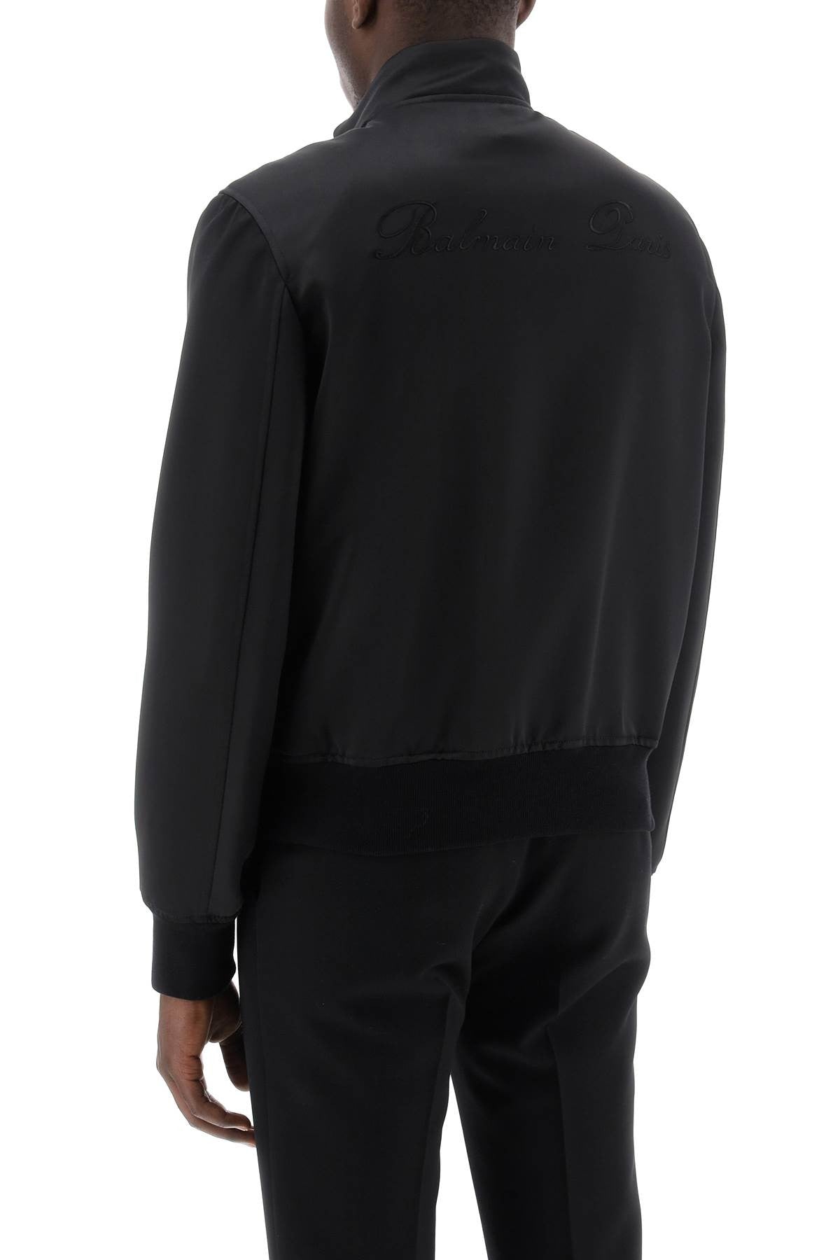 technical satin bomber jacket with embroidered logo.