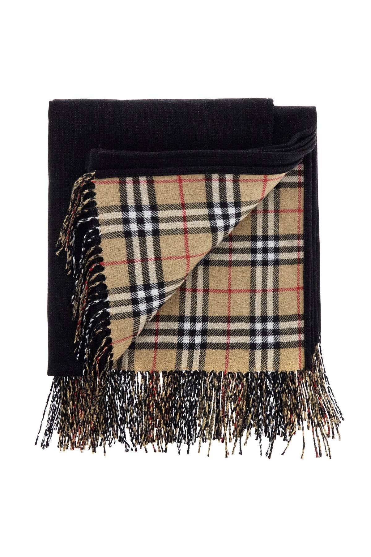 unisex virgin wool black check scarf with multicolored fringes