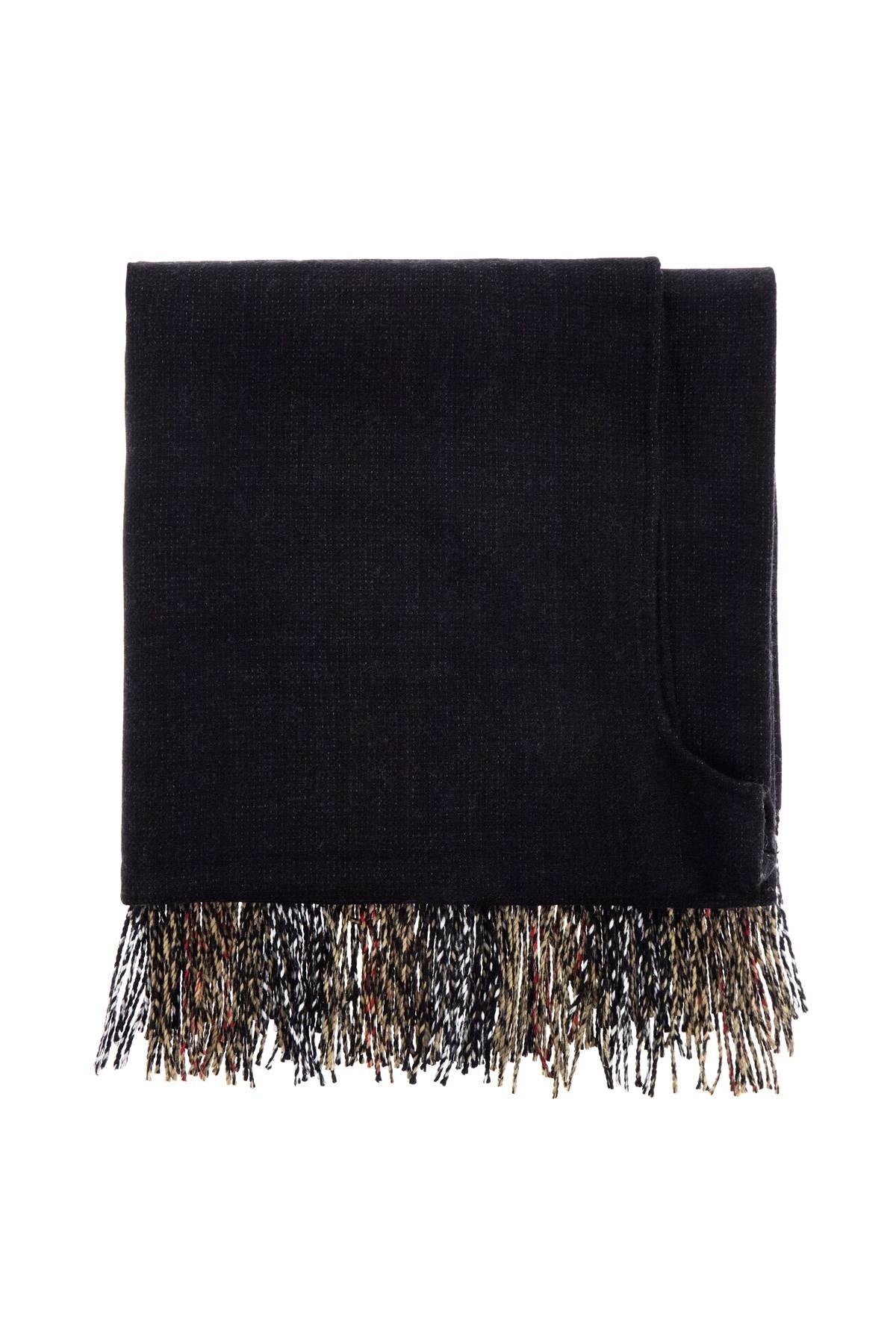 unisex virgin wool black check scarf with multicolored fringes