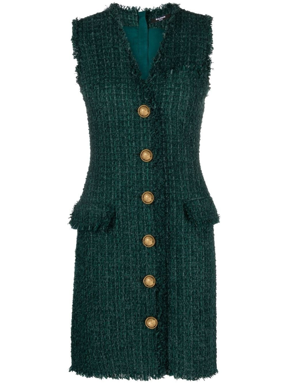 V-Neck Buttoned Tweed Dress