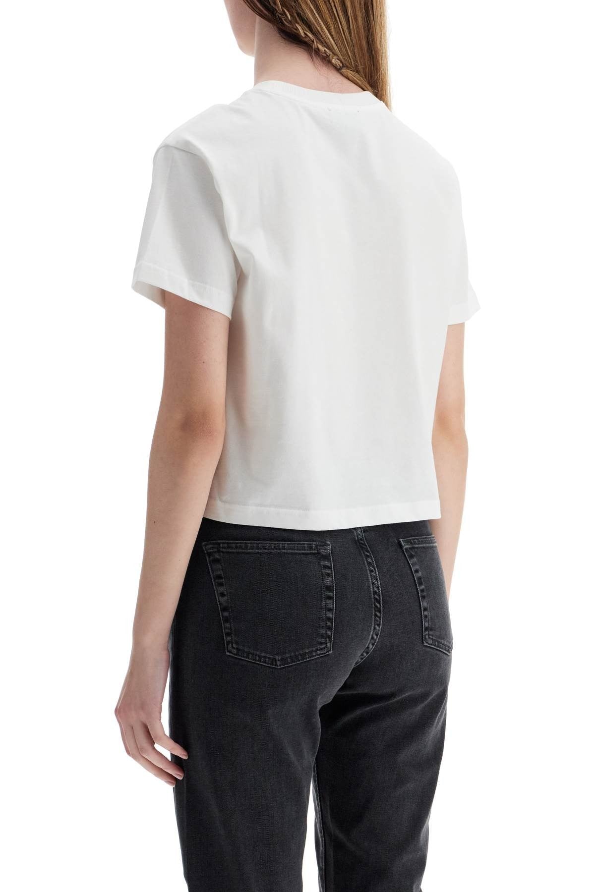 women's organic cotton white boxy cropped t-shirt with micro embroidered logo gots